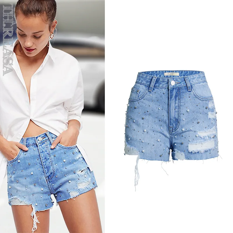 

Hot Sale Women's High-waisted Jeans Pearl Bead Women's Summer Hot Diamond Denim Shorts Women Short