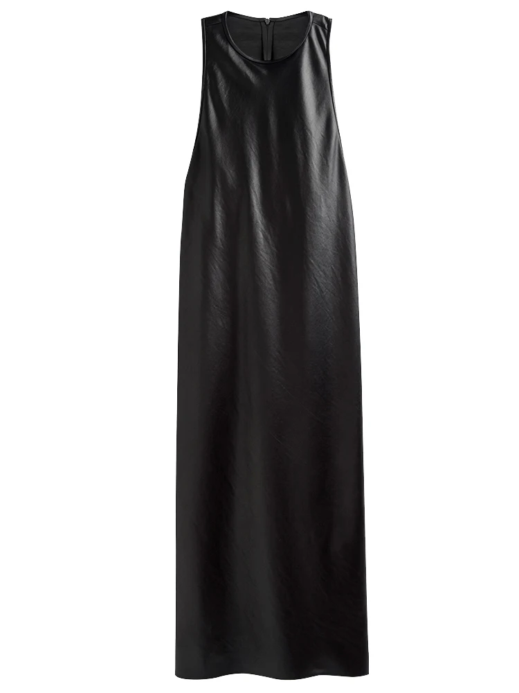 Abito da serbatoio in ecopelle Extra lungo nero primavera xingaro autunno elegante elegante Maxi abiti senza schienale per abbigliamento donna 2021