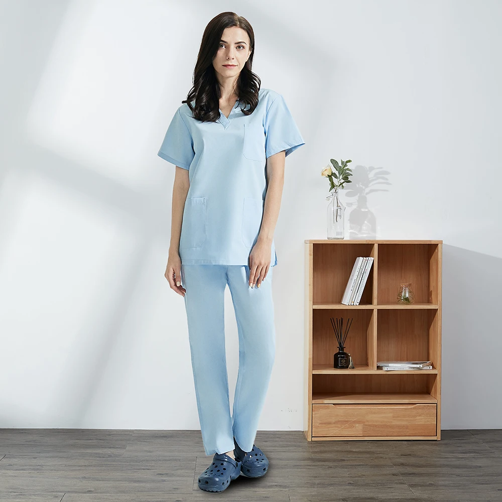 Conjunto de ropa de trabajo para enfermeras, Uniforme de Trabajo de salón de belleza, Top quirúrgico médico, pantalones, negro y azul