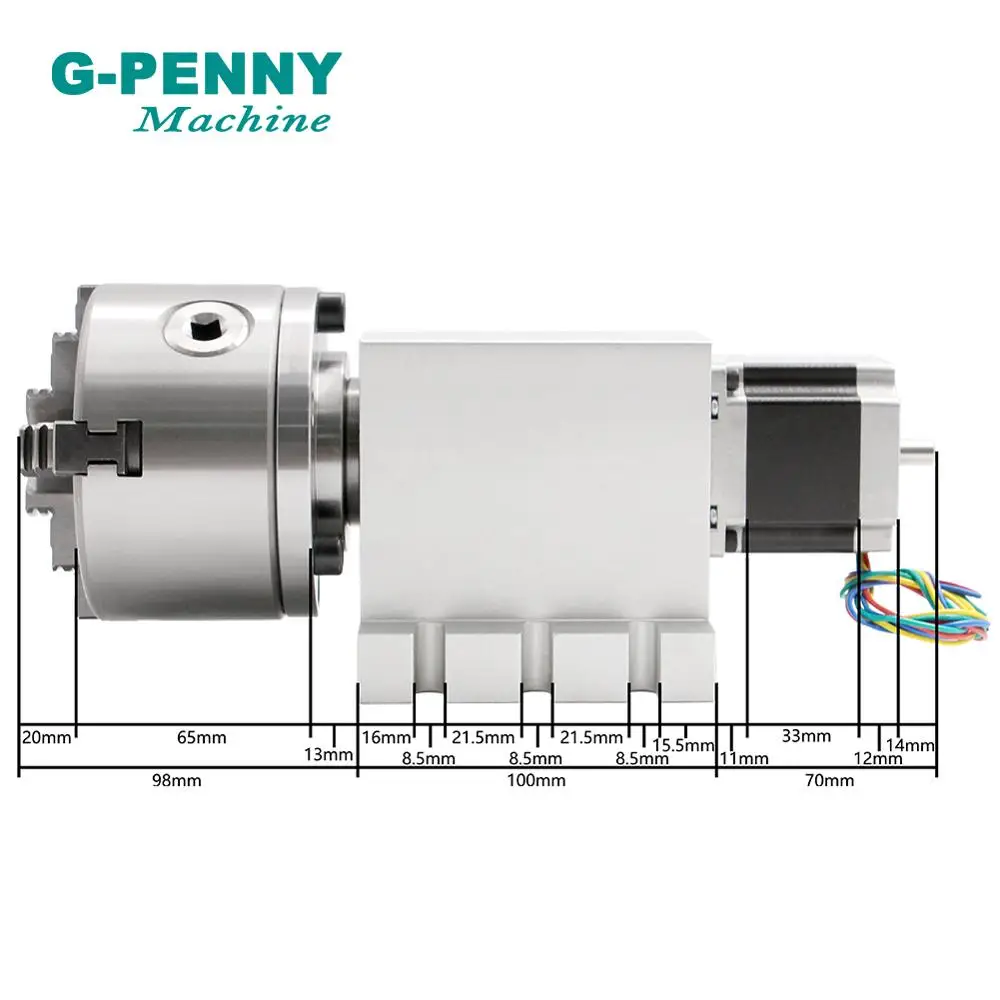 100mm 4 Jaw CNC 4th Axis CNC dividing head Rotation A axis with CNC Nema23 Gapless harmonic reducer for CNC woodworking machine