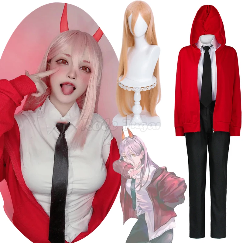 Anime Power Cosplay Costume Women Red Coat + Shirt + Pant Sets Wig Halloween Party Show Outfit C130M252