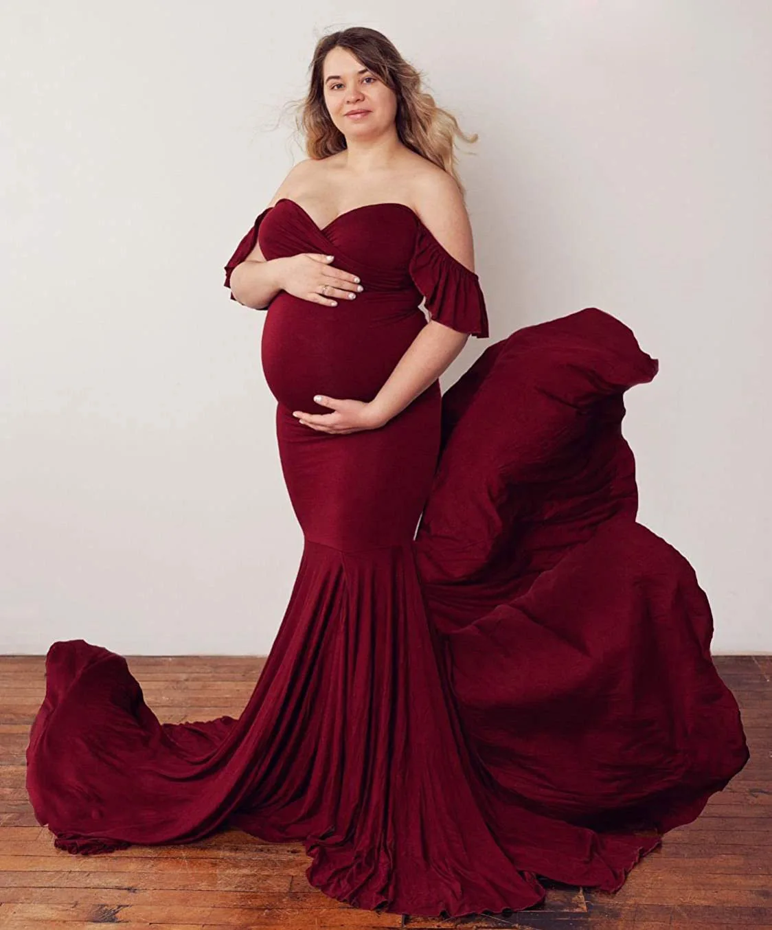 

Shoulderless Maternity Dresses For Photo Shoot Sexy Ruffles Sleeve Pregnancy Dress New Maxi Gown Pregnant Women Photography Prop