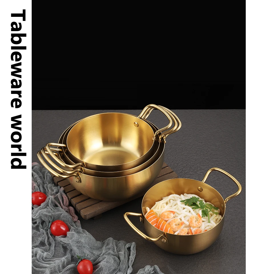 Korean Style Golden Stainless Steel Double Ear Pot Household Stew Soup Ramen Pot Creative Induction Cooker Instant Noodle Pot