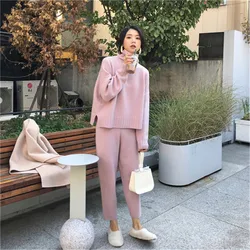 2 Pieces Set  Women Winter Autumn Knitted Tracksuit Turtleneck Sweater Knit Pants Women Loose Clothing Suits Female Pants Suit