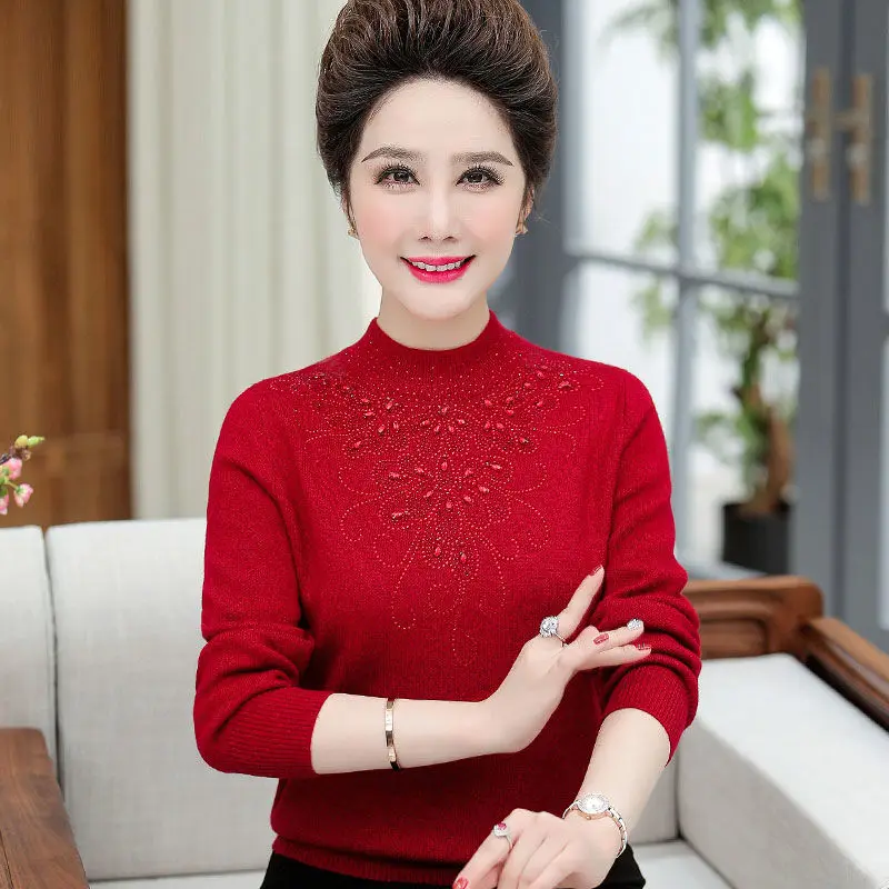 Middle Age Women Sweater Autumn Winter Thick Velvet Knit Pullovers 5XL Female Knitted Sweater Feminina Tops W2198