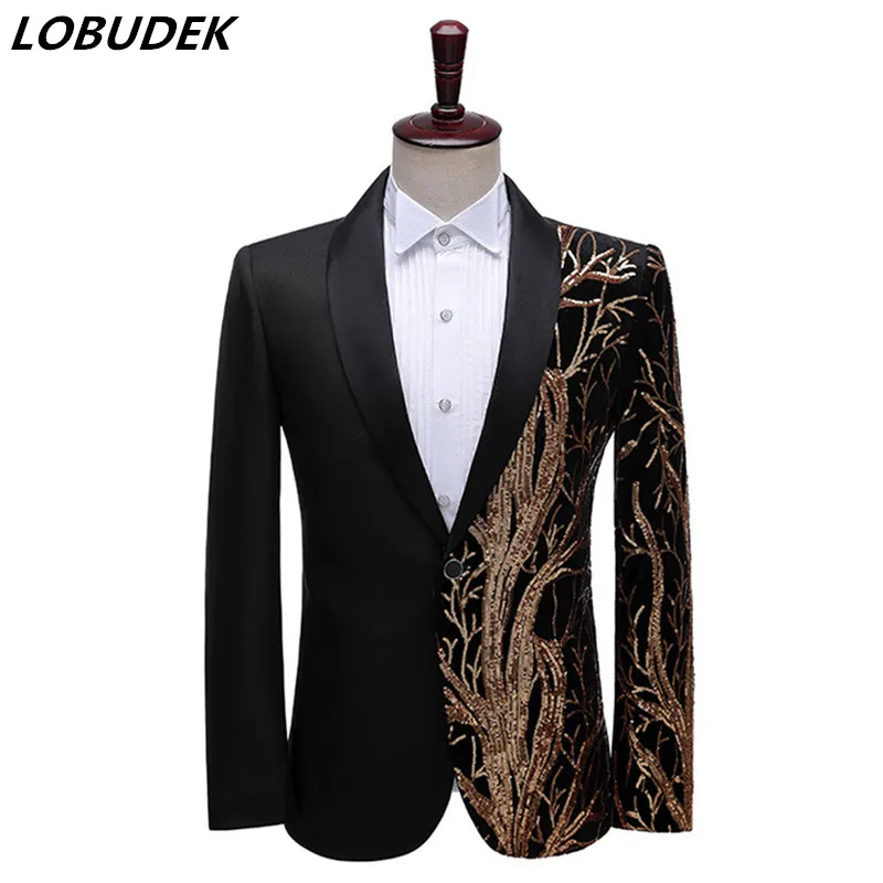 New Shawl Lapel One Button Shiny Sequin Red Black Men's Blazer Stage Performance Male Singer Host Slim Fit Business Suit Jacket