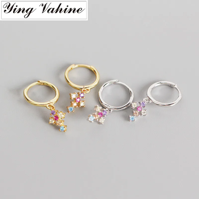 ying Vahine 100% 925 Sterling Silver Multicolor Zircons Small Cross Pendant Drop Earrings for Women