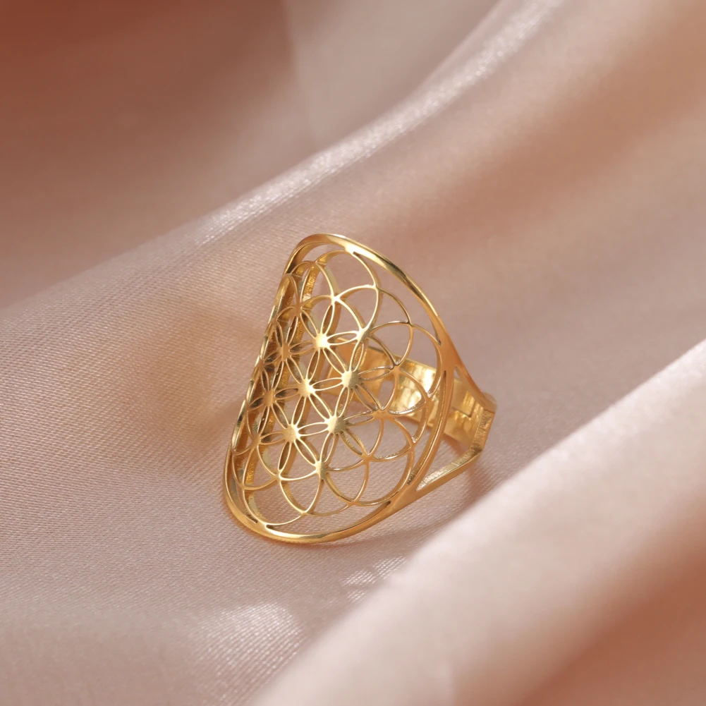 Skyrim Simple Hollow Flower of Life Ring Adjustable Gold Color Stainless Steel Finger Rings for Women Jewelry Gifts Wholesale