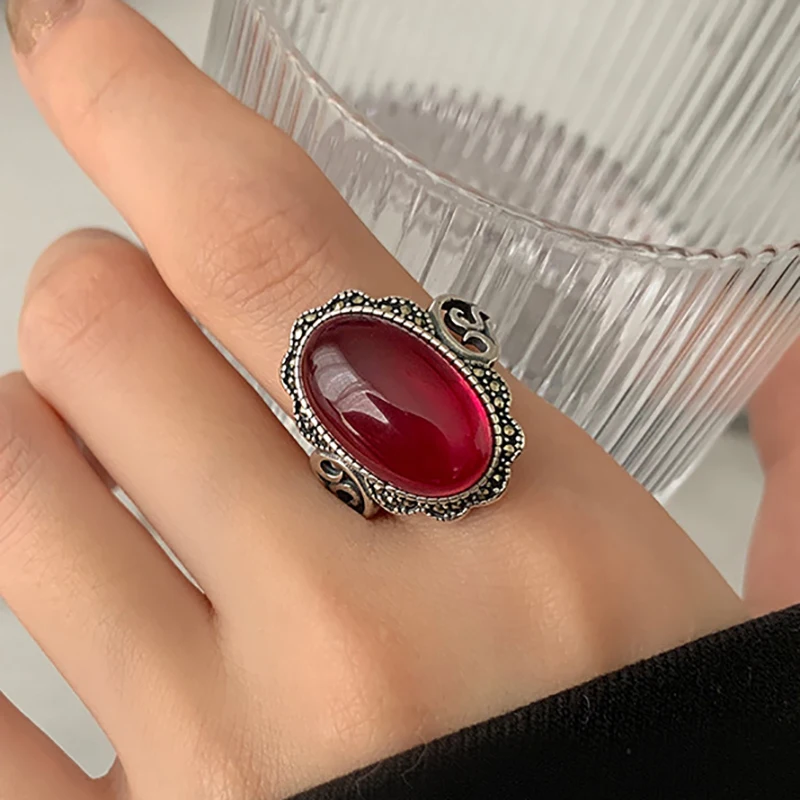 FOXANRY Silver Color Red Zircon Ring for Women Trendy Elegant Hollow Geometric Vintage Handmade Luxury Ring Party Jewelry