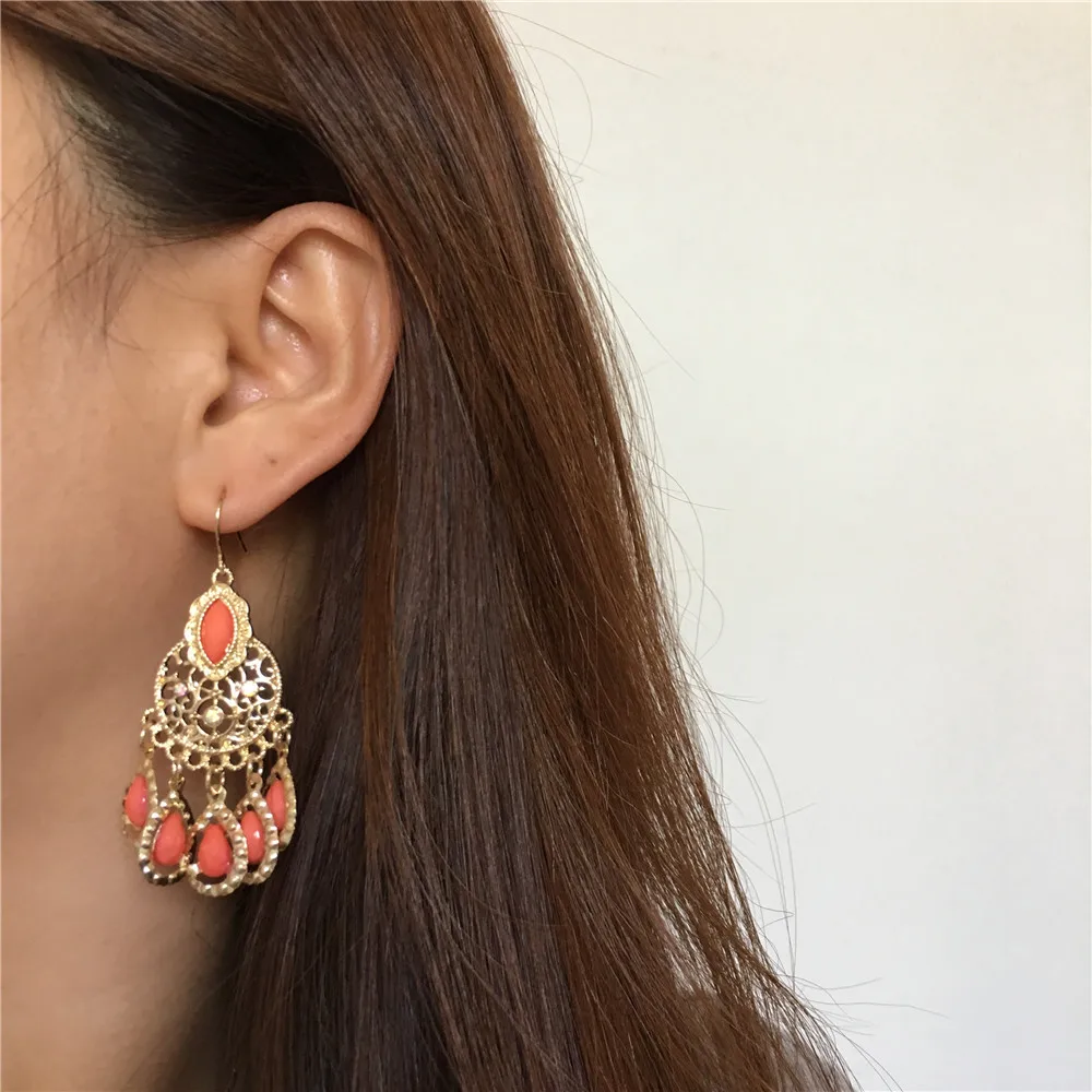 Boho Style Women Earrings Gold Color Plating Orange Stone Decortion Dangle Earrings for Women 2020