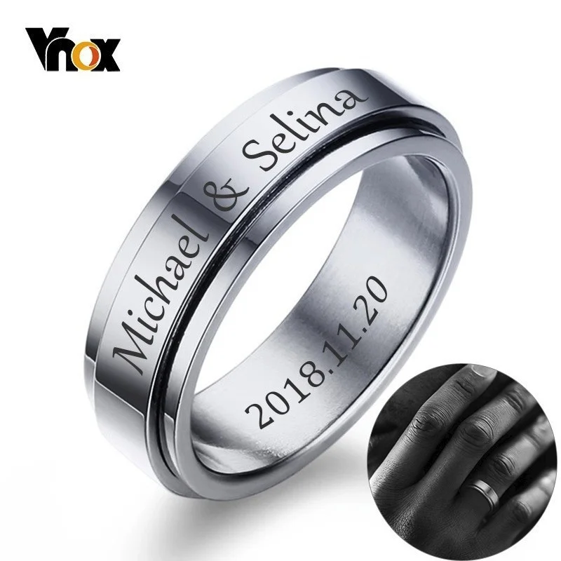 Vnox-Anillo giratorio personalizado para hombre y mujer, Alianza de boda de acero inoxidable, nombre personalizado, fecha, inicial, 6/8mm