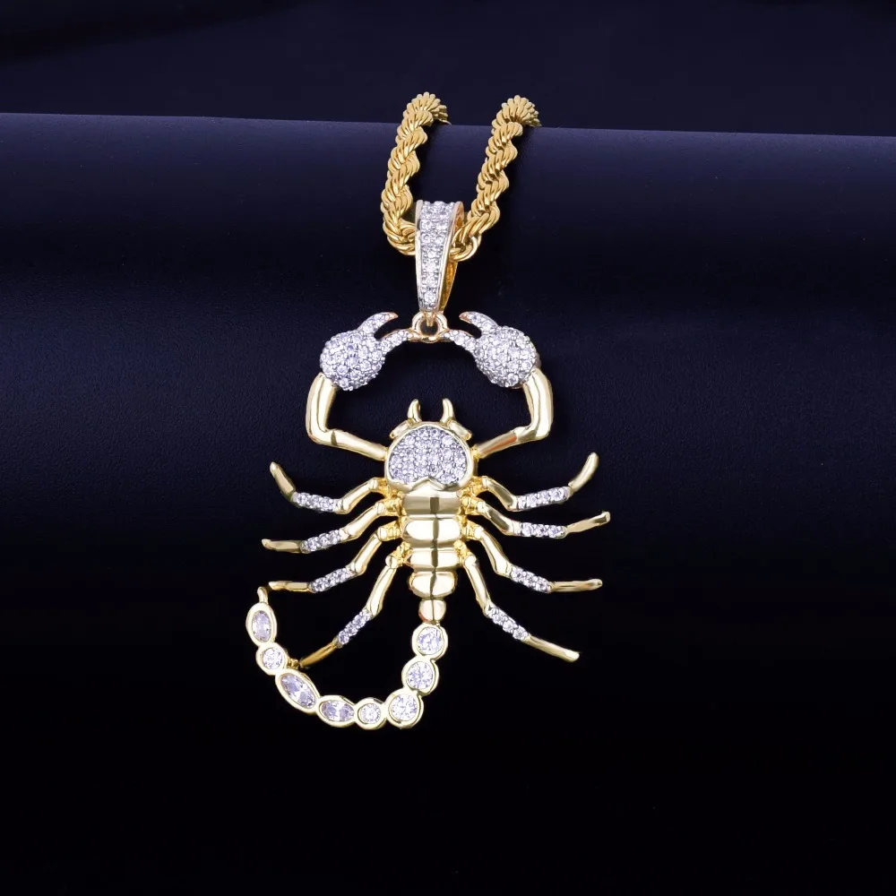 Hip Hop Men Gold Color Animal Scorpion Necklace Pendant With Rope Chain Bling Cubic Zircon Cool Men's Rock Biker Jewelry Gift