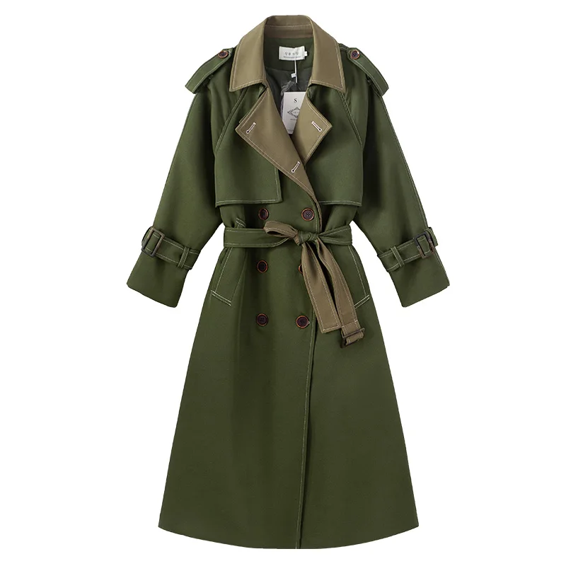 New Fashion Armygreen Fake Two-piece Double breasted Windbreaker Women\'s Clothing 2023 Spring Autumn Long Trench Coats D820