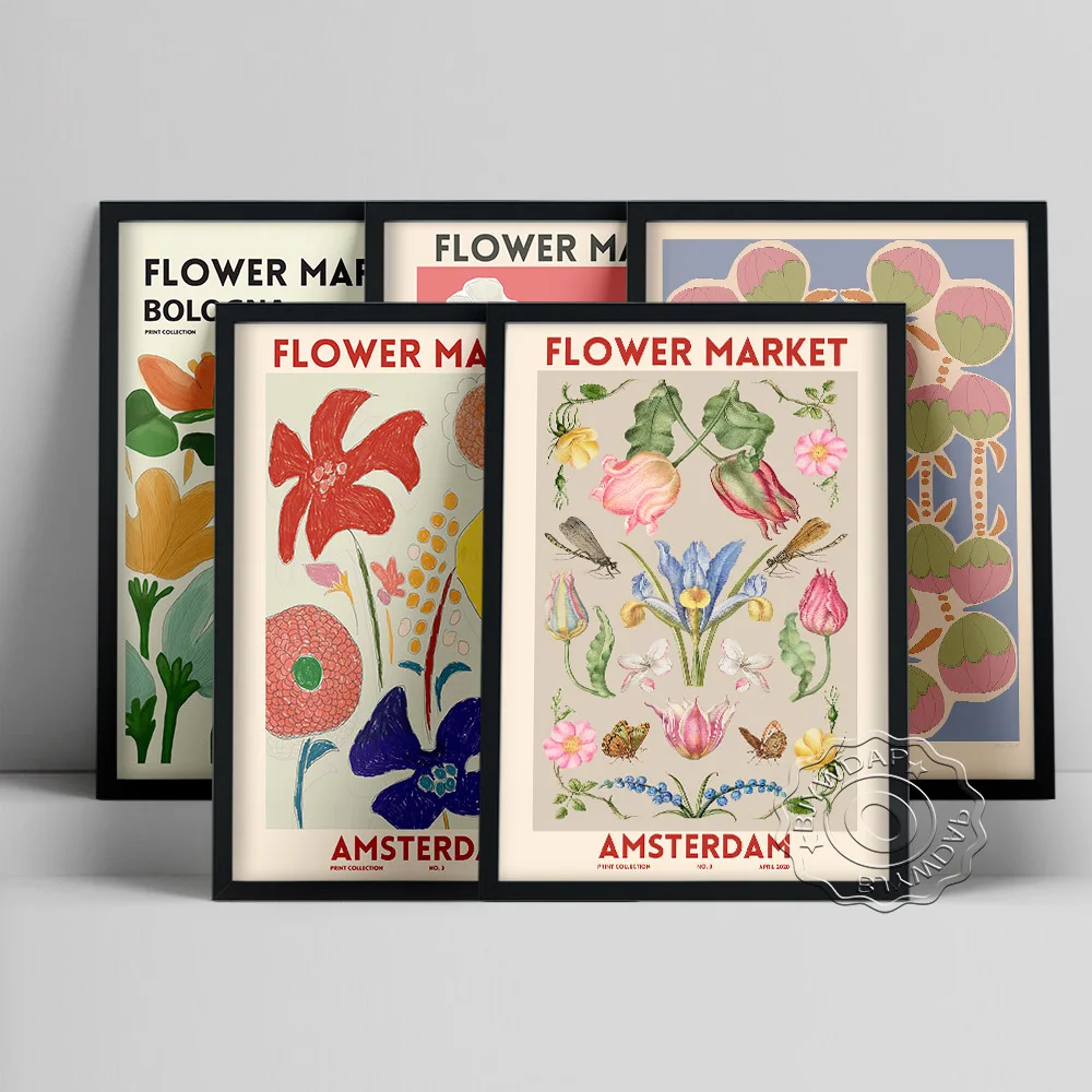 

Flower Market Vintage Art Botanical Exhibition Poster, Amsterdam Bologna Honolulu Prints Canvas Painting, Kids Room Home Decor