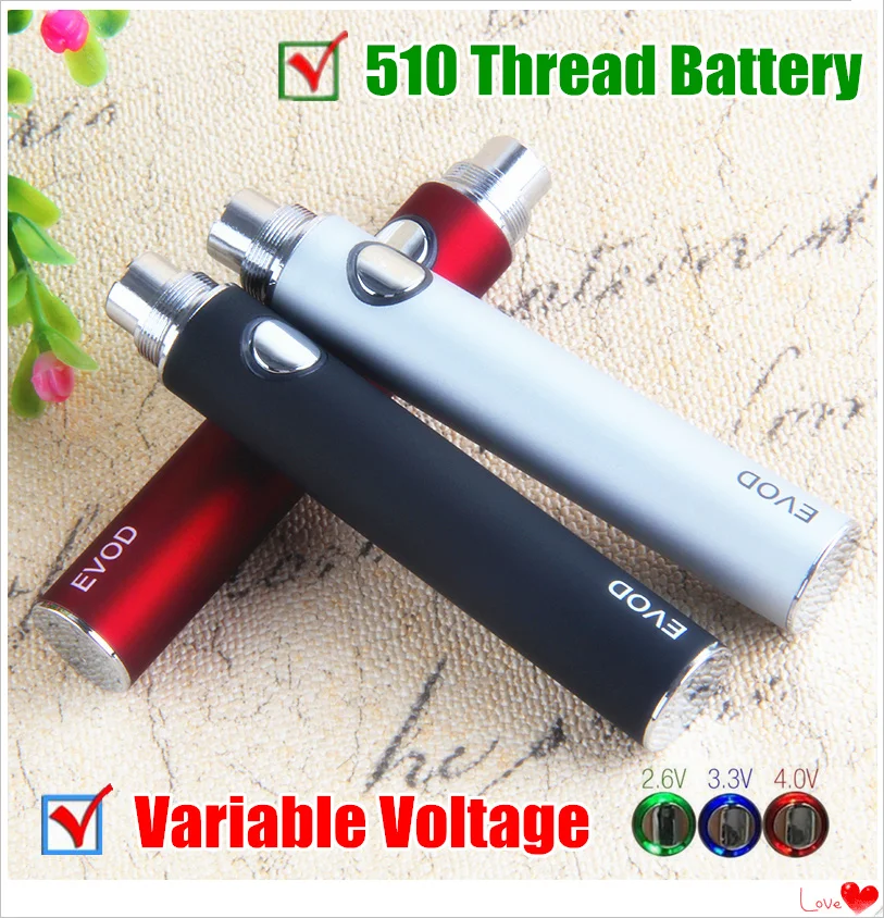 5Pcs/Lot Evod Variable Voltage Preheat VV Vape Pen eGo 510 Threading Battery 650mAh 900mAh 1100mAh for Vaper CE4 CE5 T3S Tank
