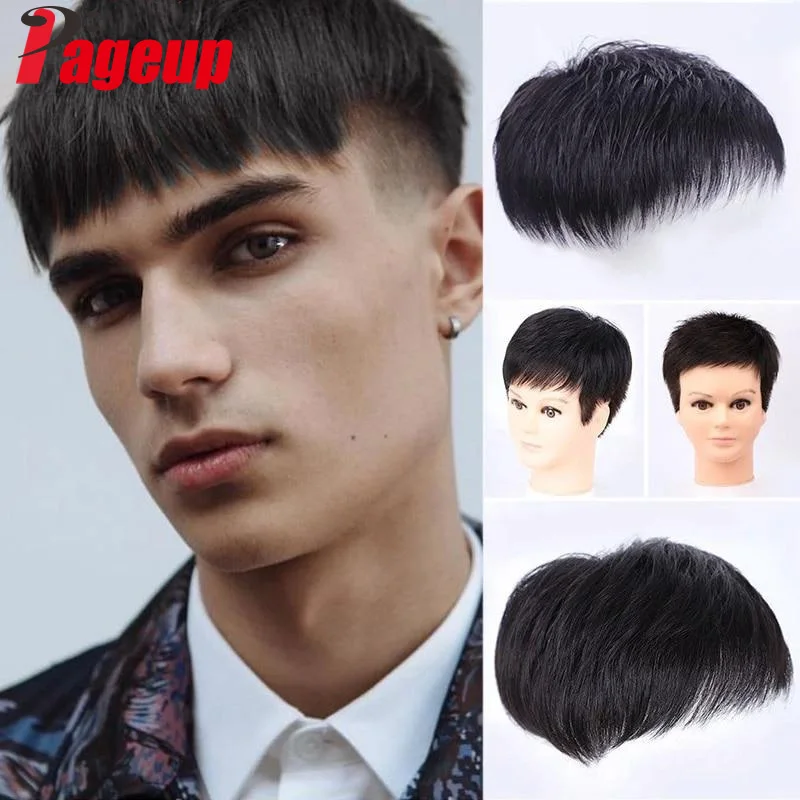 

Pageup Short Synthetic Wigs For Men's Male Black Wig Natural Hair For Young Man Balding Sparse Hair Crew Cut Hair Style