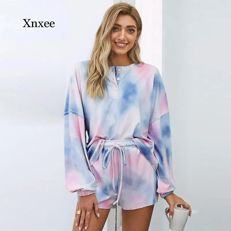 Women Tie Dye Suit Pajamas Tie Dye Printing Ruffle Short Casual Set Long Sleeved Top Shorts Two Piece Pajamas Ins Outfits 2021