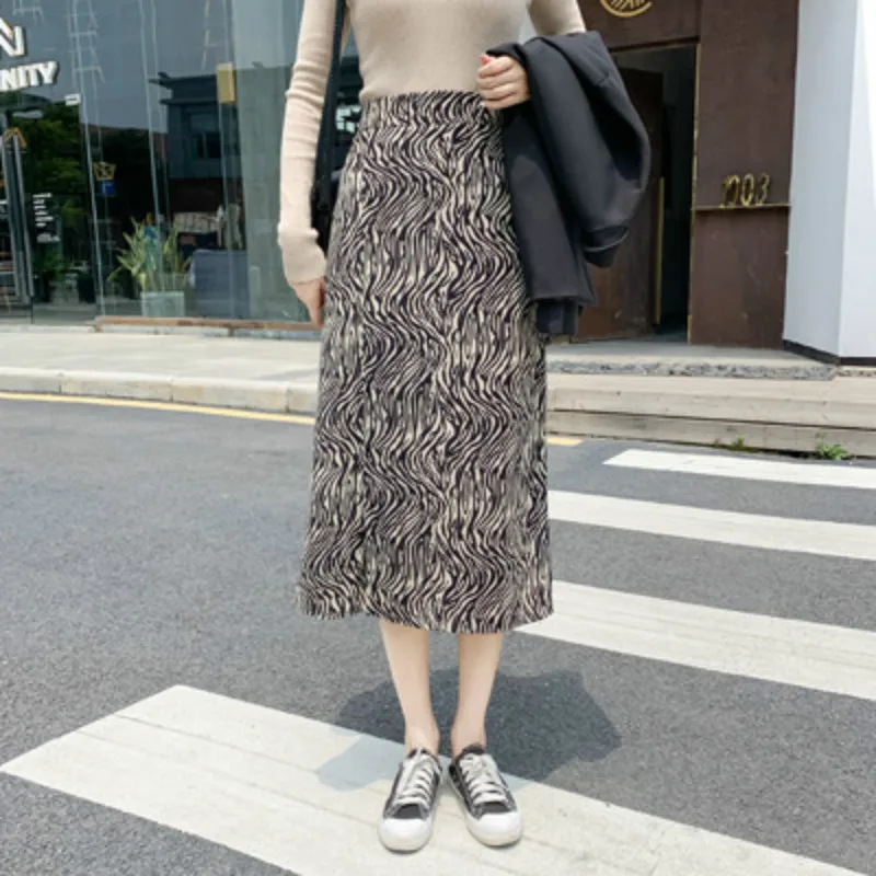 Autumn Winter Zebra Leopard-print Woolen Women's Striped Long High Waist Vintage Skirt Slimming Split Hip-covered Skirts Womens