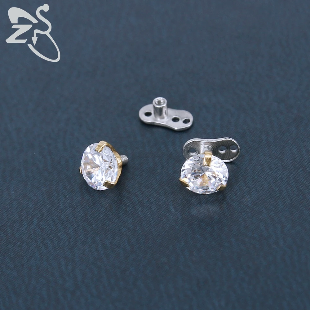 ZS 2Pcs/lot CZ Crystal Round  Skin Diver  Dermal Piercings 316L Stainless Steel Micro Dermal Anchor Hide in Surface Body Jewelry
