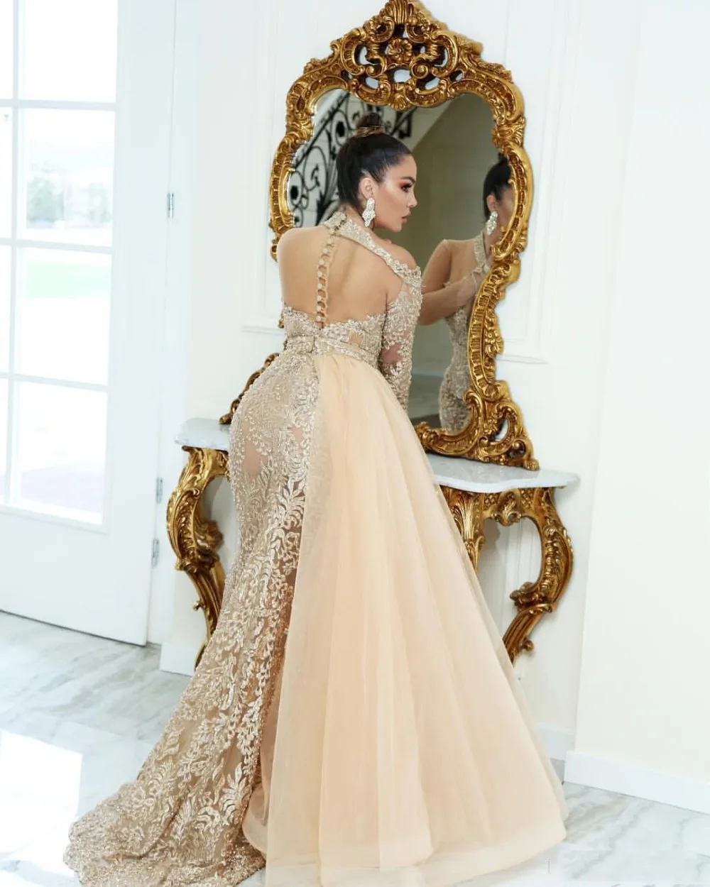 Robe de Soirée de Forme Sirène en Dentelle, Tenue Élégante, Couleur Champagne, Dos aux, Manches sulf, Longue, Quelle que soit la Jupe Latérale, pour Occasions Formelles