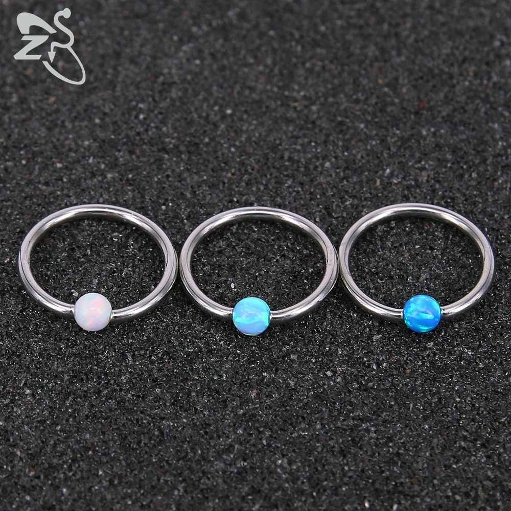 ZS 1PC Blue Opal Hoop Nose Ring For Women Men 8MM Stainless Steel Septum Clicker Ear Helix Cartilage Tragus Piercing Jewelry 16g