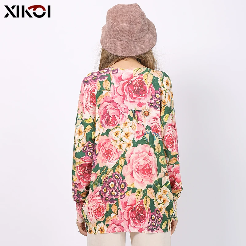 【SO BEAUTIFUL】Winter Flowers Print Sweater Women Pullovers Knitted O-Neck Oversized Jumper Warm Sweaters High Elastic Pull Femme