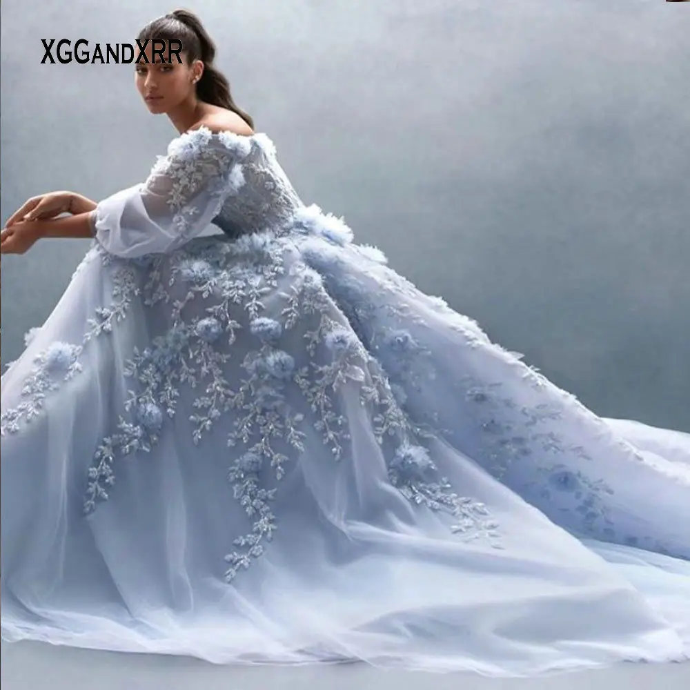 Customized Elegant Blue Long Prom Dress 2025 Puffy Long Sleeves Lace Applique 3D Floral Formal Evening Gown Wedding Party Gala