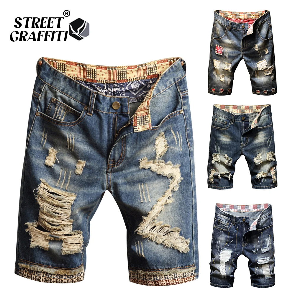 2024 New Spring Summer Men\'s Denim Shorts Men\'s Clothing Beach Ripped Jeans Denim Cotton Short Casual Business Social Men Shorts