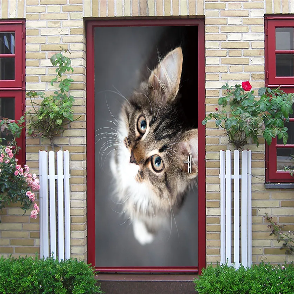 2pcs/Set Cute Cat Door Mural Living Room Bedroom Wareproof Sticker Decor Decals DIY PVC Adhesive Removable Wallpaper Home Design