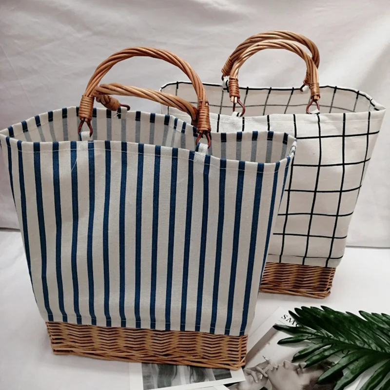 Rattan Woven Women\'s Handbag Striped Plaid Canvas Stitching Straw Bag Large Tote Female Shopper Bags Bohemian Summer Beach Bag