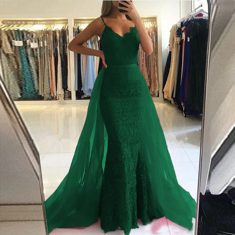 Elegante V-Hals Groene Kanten Zeemeermin Avondjurken 2024 Lange Afneembare Trein Prom Formele Jurk Vestidos Largos De Fiesta