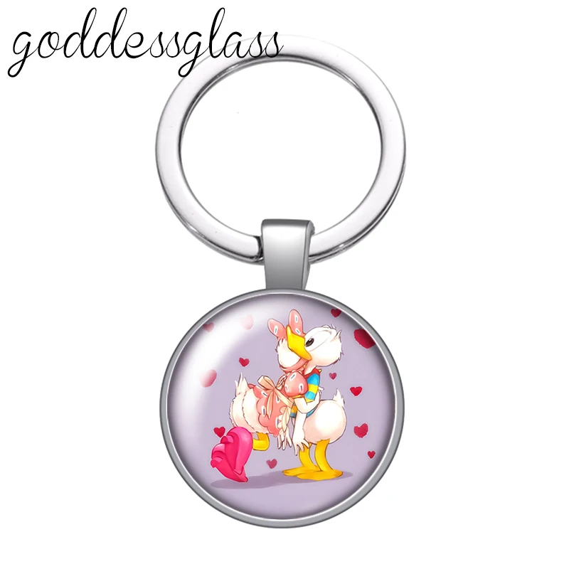 Disney Cute Donald Daisy Love Duck cartoon glass cabochon keychain Bag Car key chain Ring Holder Charms keychains gift