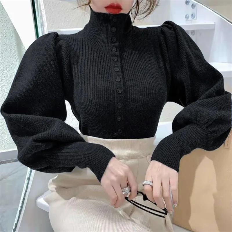 Korean Version Of The Solid Color Top Thick Knit  Autumn Winter Bottoming Shirt Women 2021New Puff Sleeve Sweater Tide M194