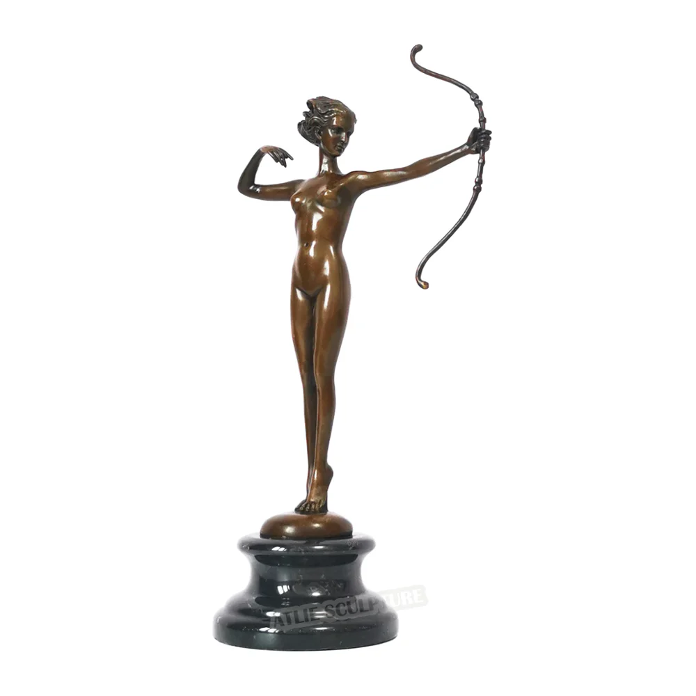 Nude Girl Holding Bow Sculpture Girl Figurine Bronze Sexy European Female Statue Naked Vintage Artwork for Decoration