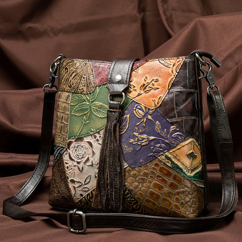 MAHEU modna damska torba na ramię w stylu etnicznym oryginalne skórzane torby typu Crossbody kobiece damskie patchworkowa skórzana torba na ramię