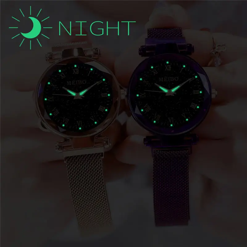 Relojes de moda para mujer, reloj de cielo estrellado con luz nocturna, reloj magnético de cuarzo, reloj femenino