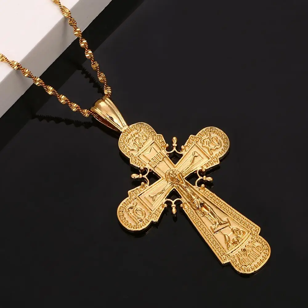 24K Gold Color Jesus Christ Cross Pendant Necklace Catholic Cross Jewelry for Women