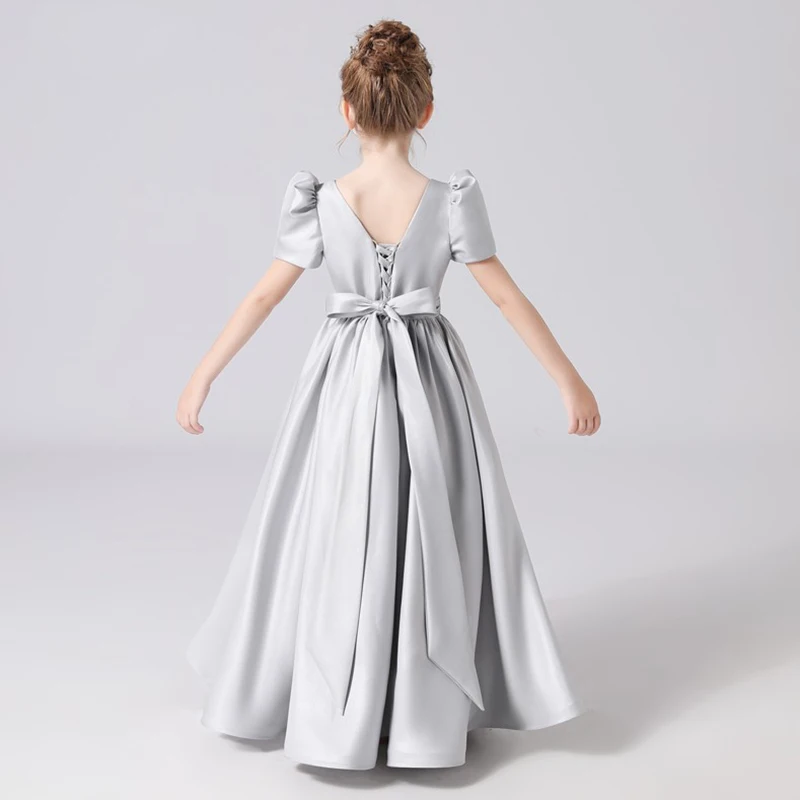 Robe de reconstitution historique en satin à manches bouffantes pour filles, robe de demoiselle d'honneur junior, nœud à ramper, fête d'anniversaire, princesse, nouveau