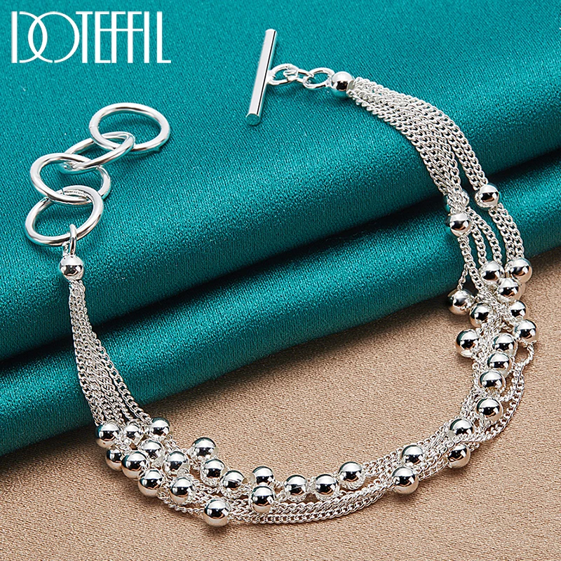 DOTEFFIL 925 Sterling Silver 24K Gold Smooth Beads Multi-Chain Bracelet For Women Charm Fashion Party Wedding Engagement Jewelry