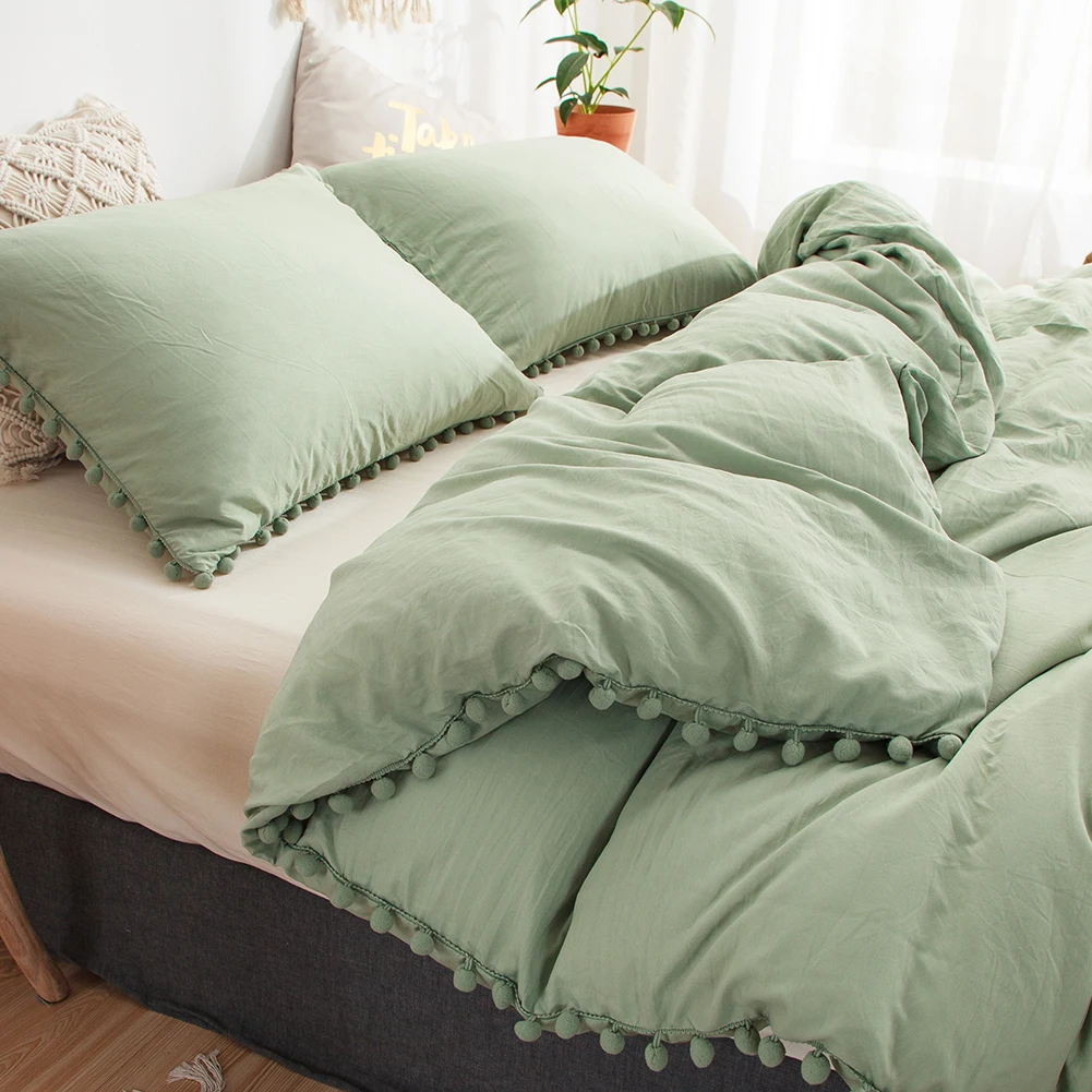 Sage Green Bedding Sets Green Duvet Cover Set Pom Poms Shabby Chic Bed Set Soft Solid Color Bed Linen Home Textile No Comforter