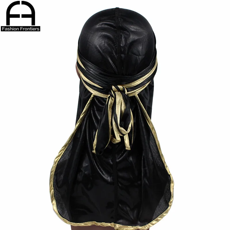 Unisex Men Women Seamless Shiny Silk Durag Gold Extra Long Straps Bandana Hat Turban 360 540 720 Waves Do Du Rags