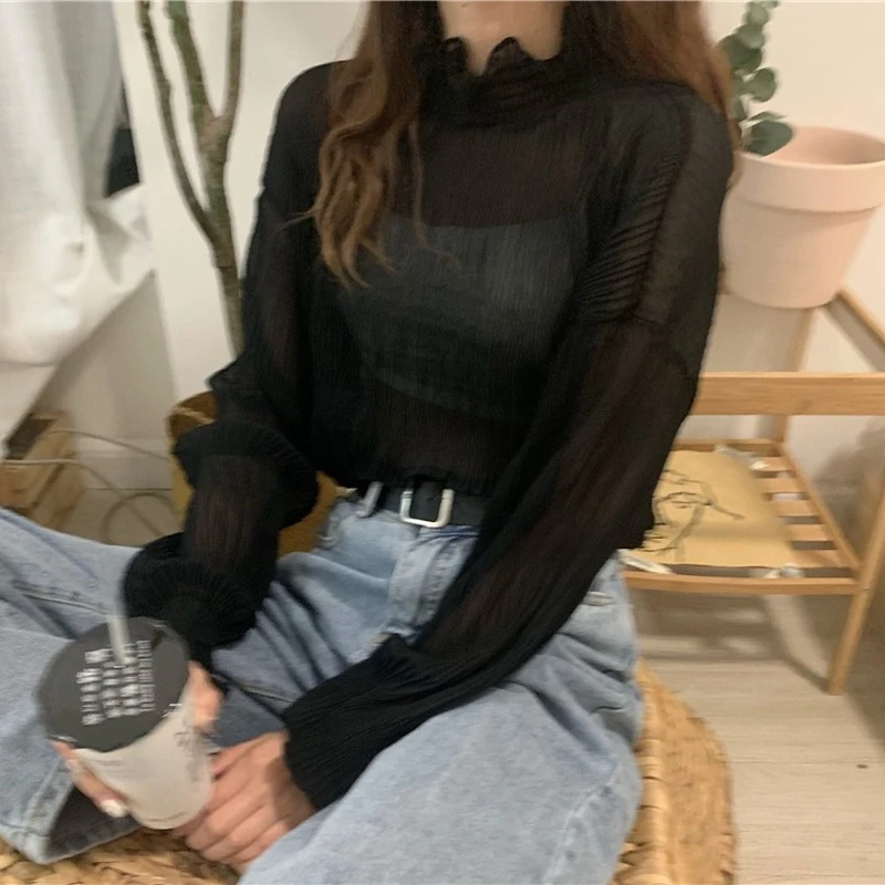 Blusas de manga acampanada con volantes para Mujer, Blusas transparentes sólidas para Mujer, Tops elegantes dulces de estilo coreano que combinan con todo, Blusas elegantes de verano para Mujer