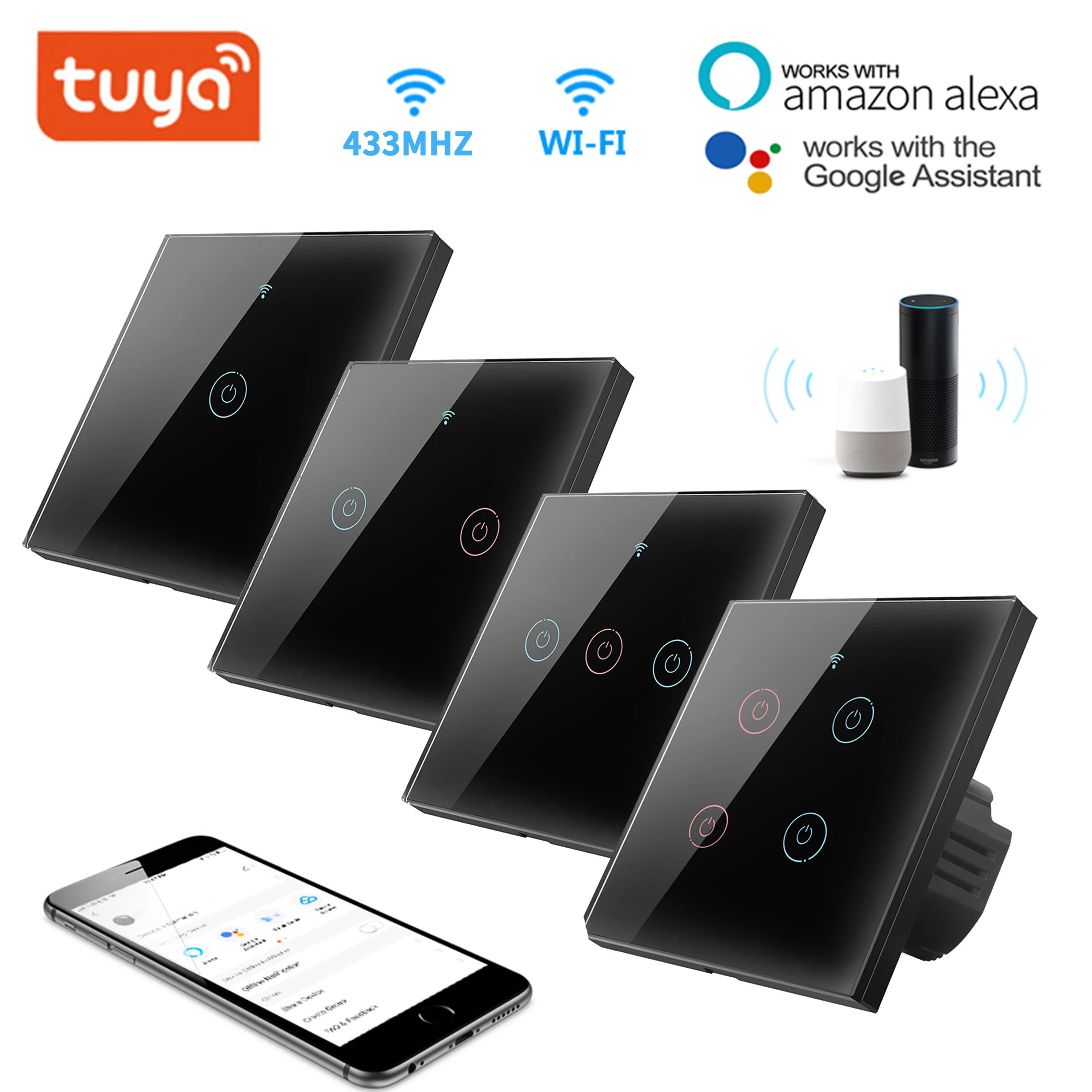 

Tuya Wifi RF 433MHZ Wall Touch Sensitive Switch Remote Control 1 2 3 4 Gang Wireless Led Light Smart Touch Screen Switch Glass