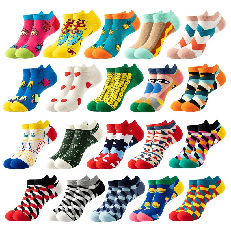 Men\'s Quality Business Ankle Socks Casual Novelty Geometric Lattice Colorful Summer Happy Combed Cotton Short Socks