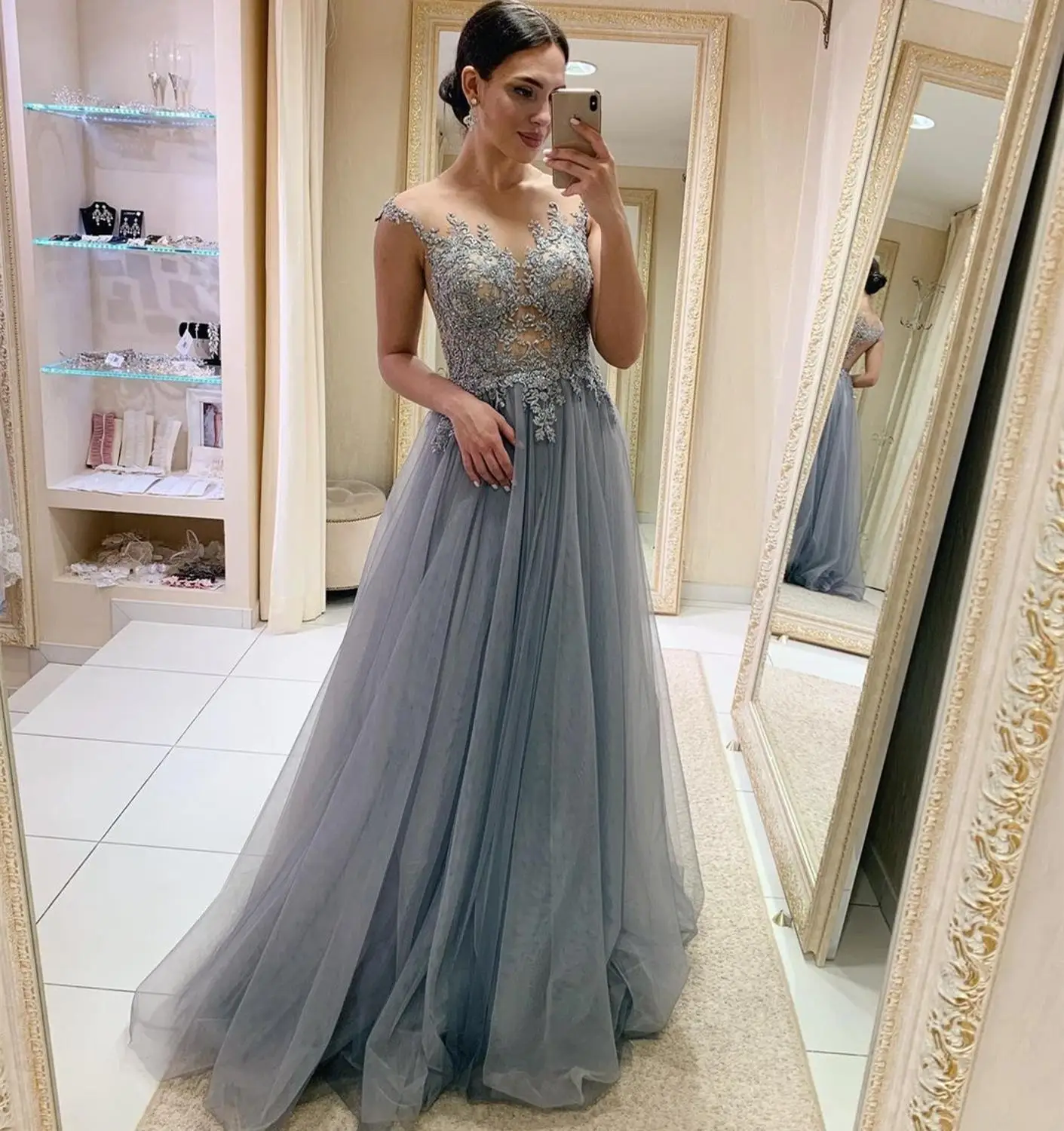 

Evening Dress Gray Floor Length Lace Appliques A-Line Tulle Crystal Beading Pleat For Women Special Occasion Gorgeous