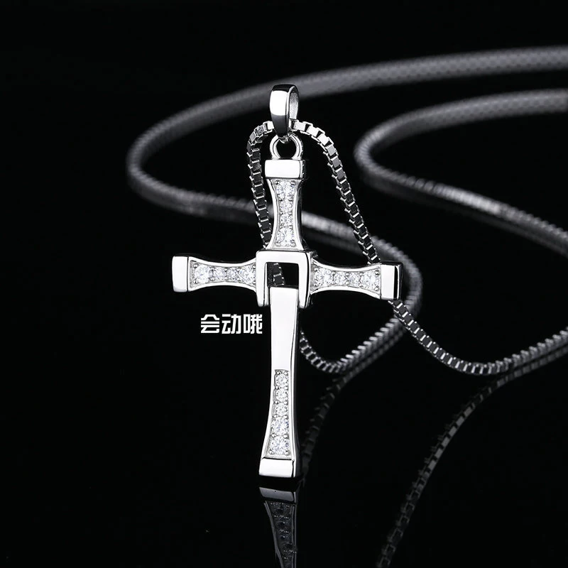 

Fast and Furious Cross Pendant Necklace for Men S925 Sterling Silver Inlaid Zircon Rotatable Fashion Punk Rock Style