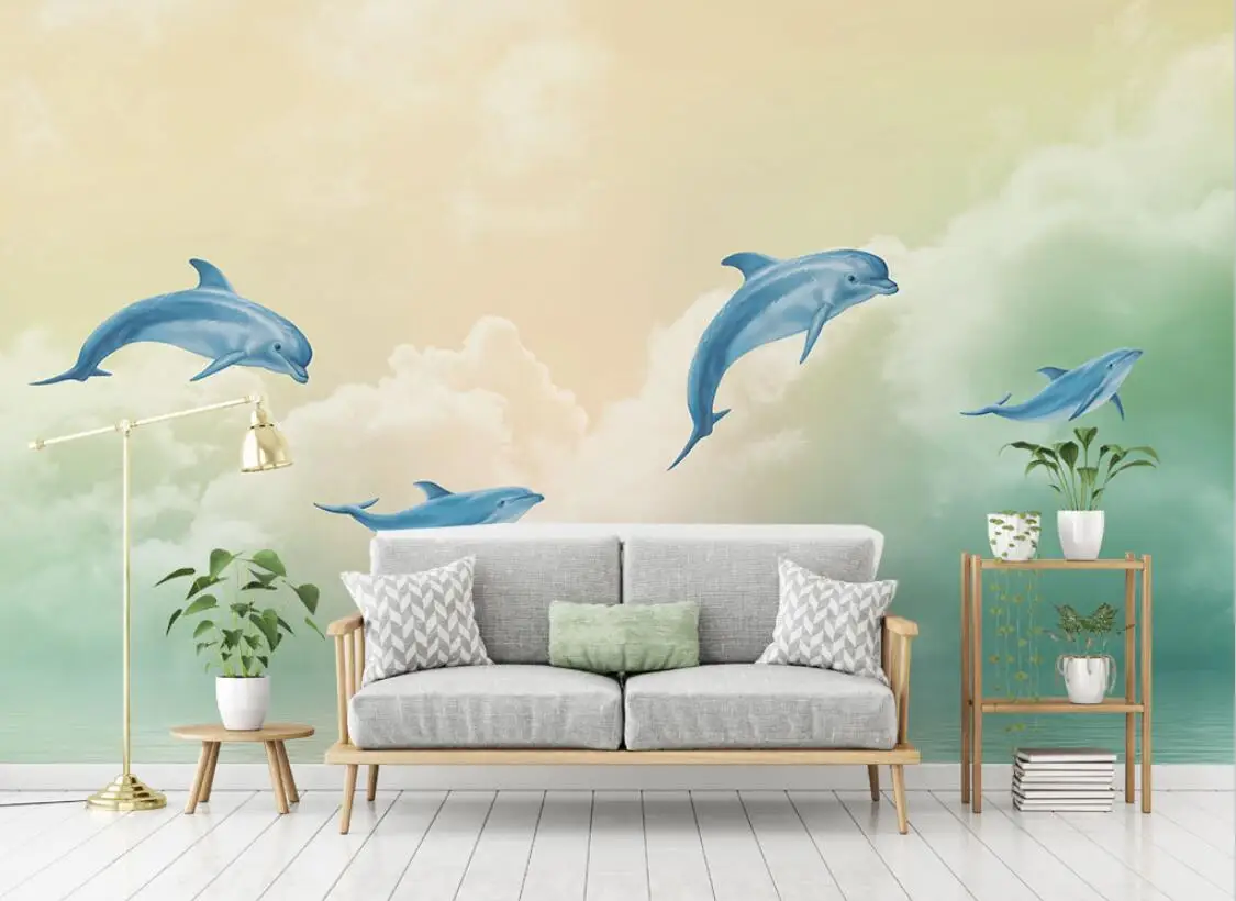 

beibehang Custom Nordic cartoon dolphin sky reflection photo mural wallpaper for kid's room bedroom TV background 3D wall paper