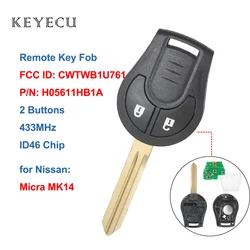 Keyecu Replacement Car Remote Key Fob 2 Button 433MHz ID46 for Nissan Micra MK14 2010 2011 2012 2013 2014, FCC ID: CWTWB1U761