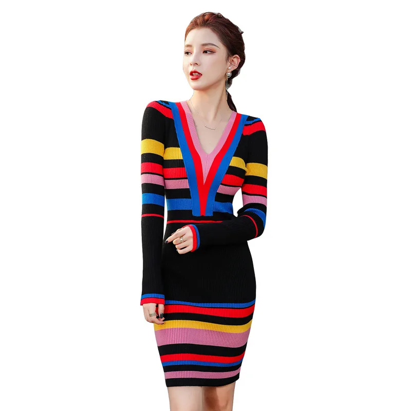 

Women's Western Style Autumn Winter New Self-Cultivation Candy Hit Color Striped Base Knitted Dress