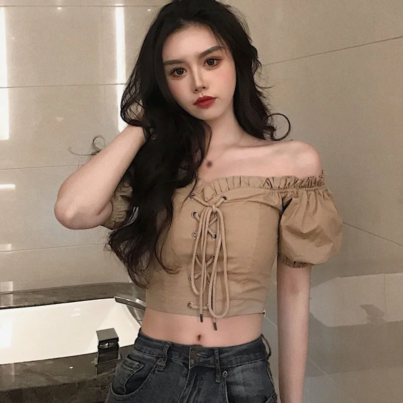 Solid Shirt Summer Retro One-line Neck Strapless Lace-Up Short Puff Sleeve Ladies Top